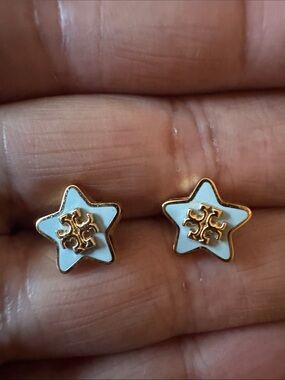 Tory Burch Gold & White Star Logo Stud Earrings